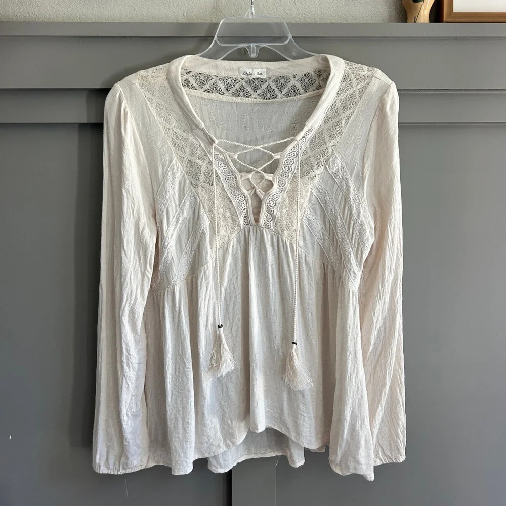 Skylar & Jade Off White Flowy Long Sleeve Blouse with Lace Detail